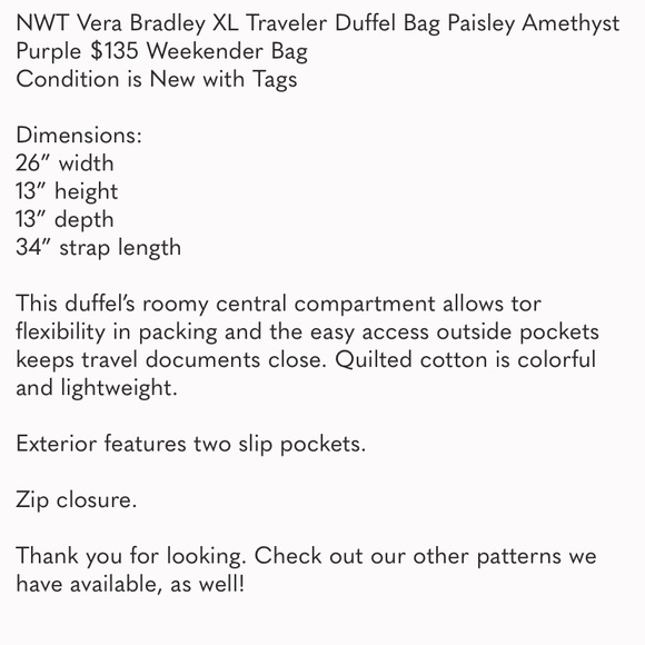 NWT vera bradley xl duffel bag paisley amethyst - Picture 4 of 5